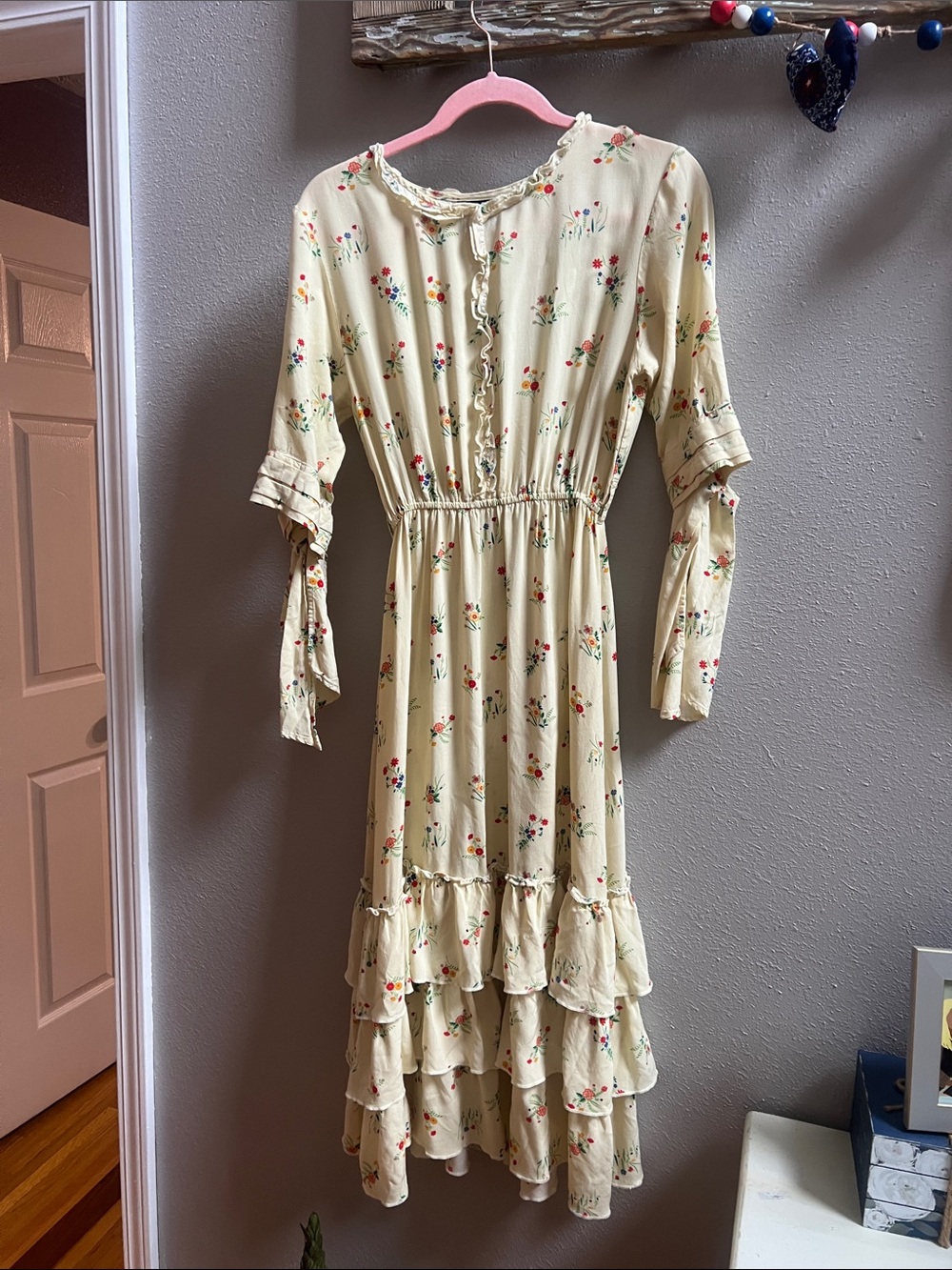 Cream Floral Tiered Maxi Dress with Tie Sleeves
